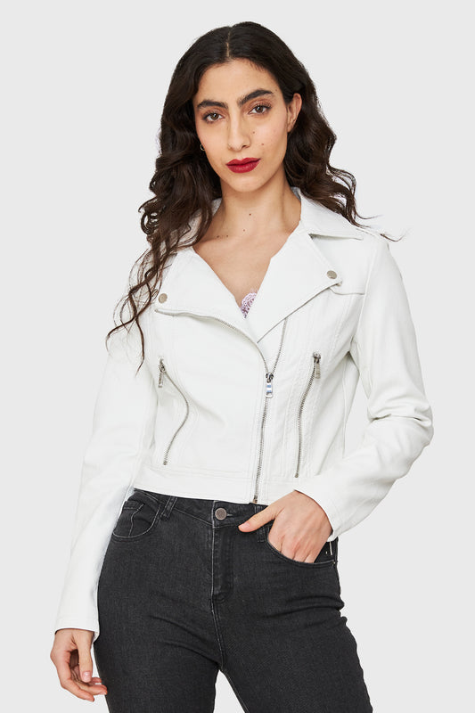 Chaqueta Biker Corta Ecocuero Blanco