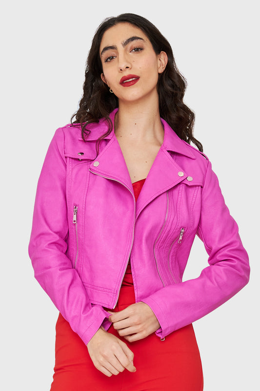 Chaqueta Biker Corta Ecocuero Rosa Chicle