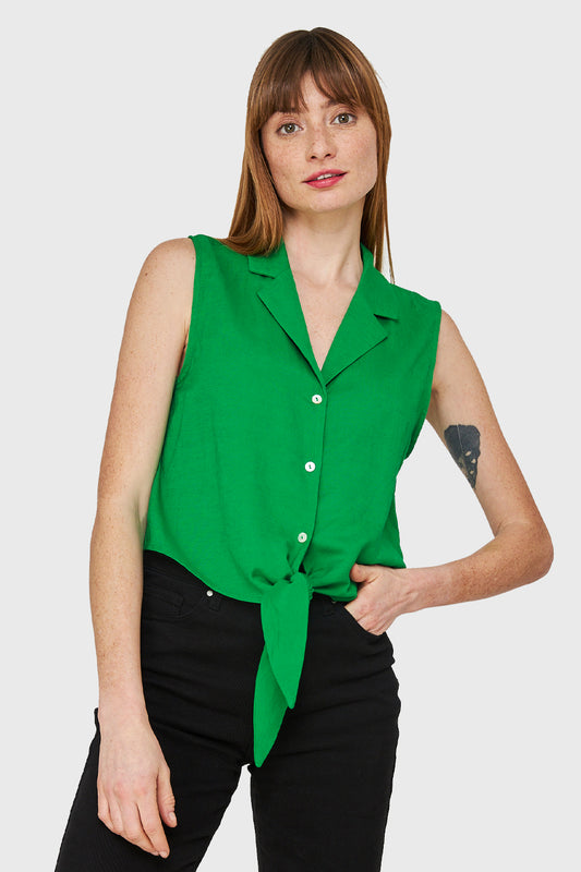 Blusa Cuello Camisero y Nudo Verde