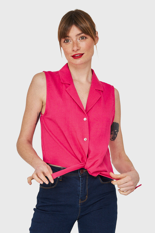 Blusa Cuello Camisero y Nudo Fucsia