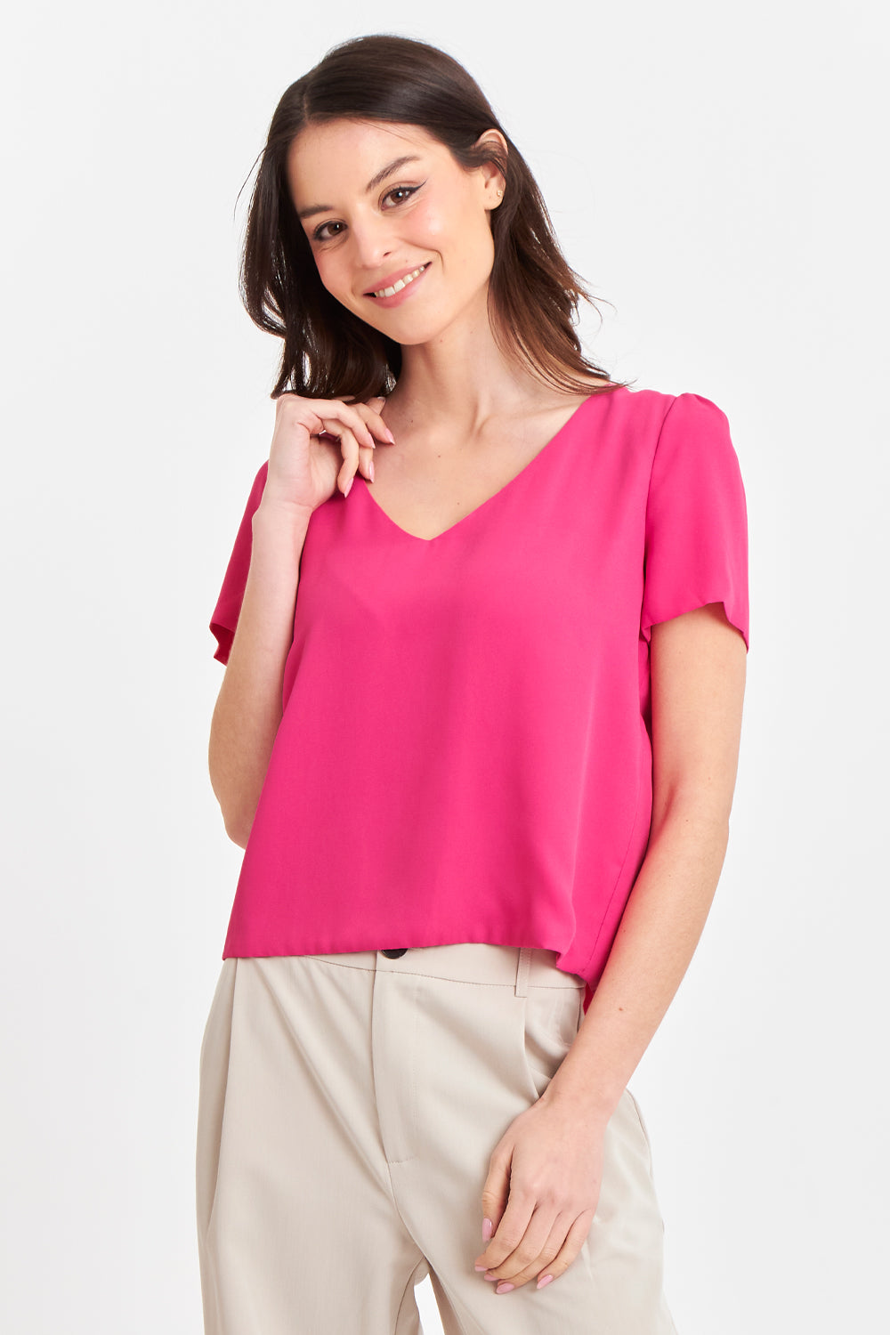 Blusa Cuello V Tipo Gasa Fucsia