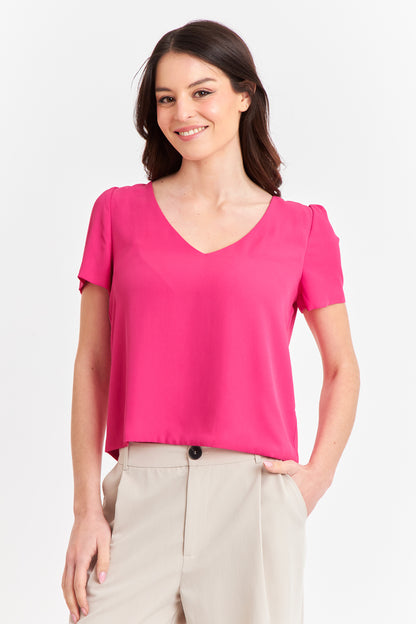 Blusa Cuello V Tipo Gasa Fucsia