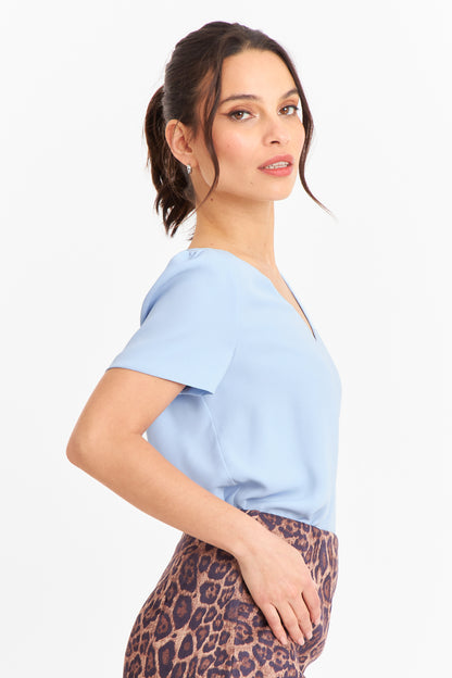 Blusa Cuello V Tipo Gasa Celeste