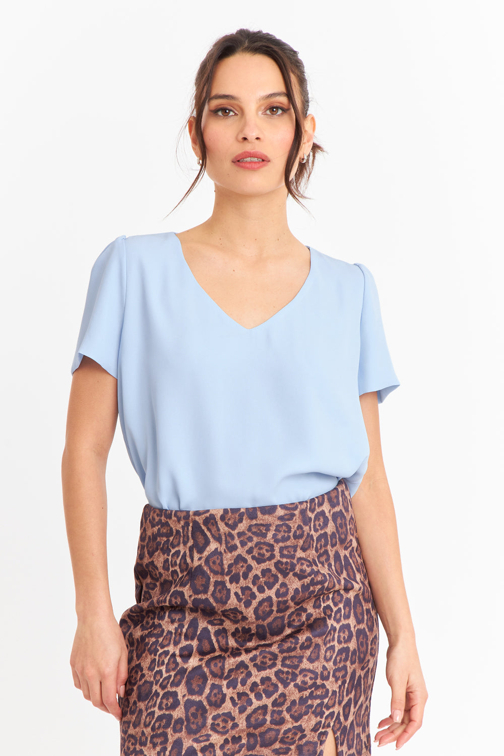 Blusa Cuello V Tipo Gasa Celeste