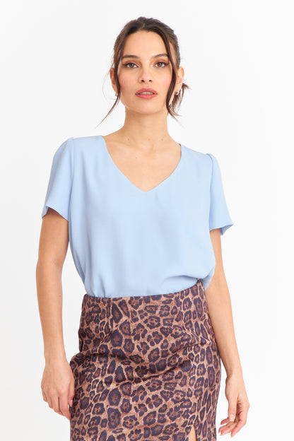 Blusa Cuello V Tipo Gasa Celeste