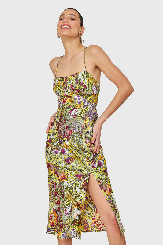 Vestido Tipo Satín Tajo Amarillo