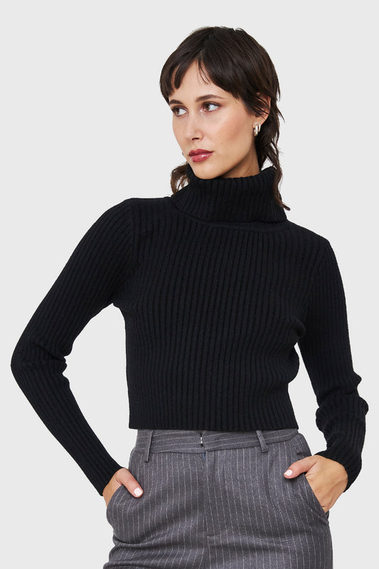 Sweater Crop Cuello Tortuga Negro