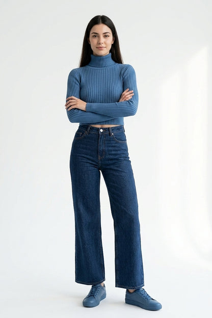Sweater Crop Cuello Tortuga Azul Índigo
