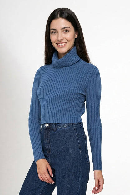 Sweater Crop Cuello Tortuga Azul Índigo