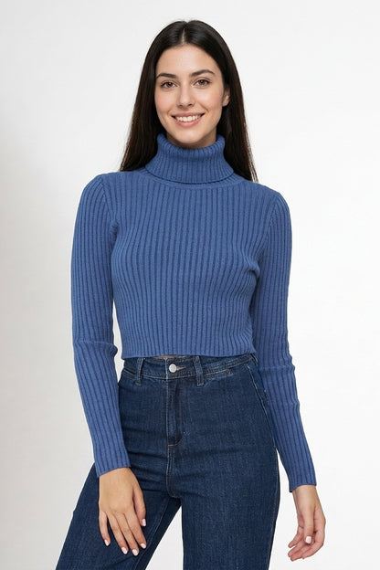 Sweater Crop Cuello Tortuga Azul Índigo