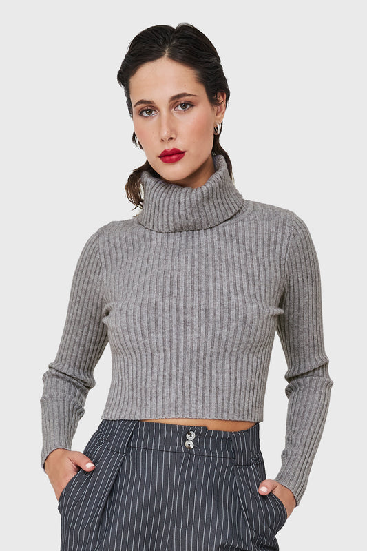 Sweater Crop Cuello Tortuga Gris