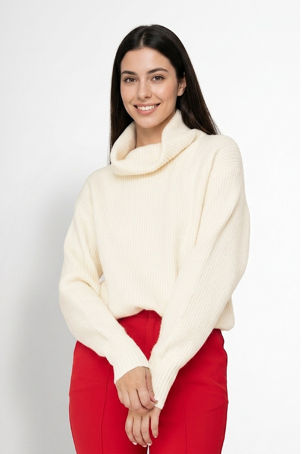Sweater Acanalado Cuello Alto Blanco Invierno