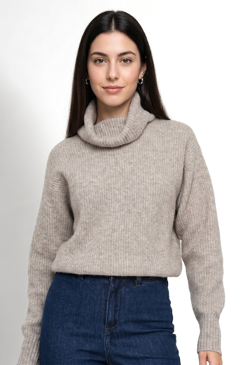 Sweater Acanalado Cuello Alto Khaki
