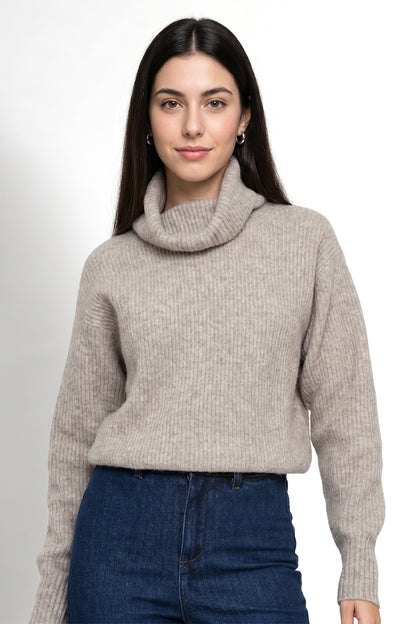 Sweater Acanalado Cuello Alto Khaki