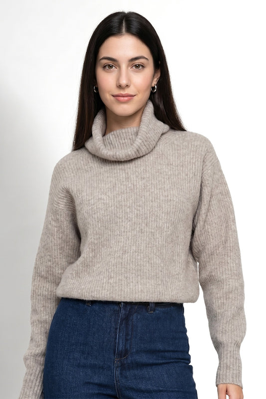 Sweater Acanalado Cuello Alto Khaki
