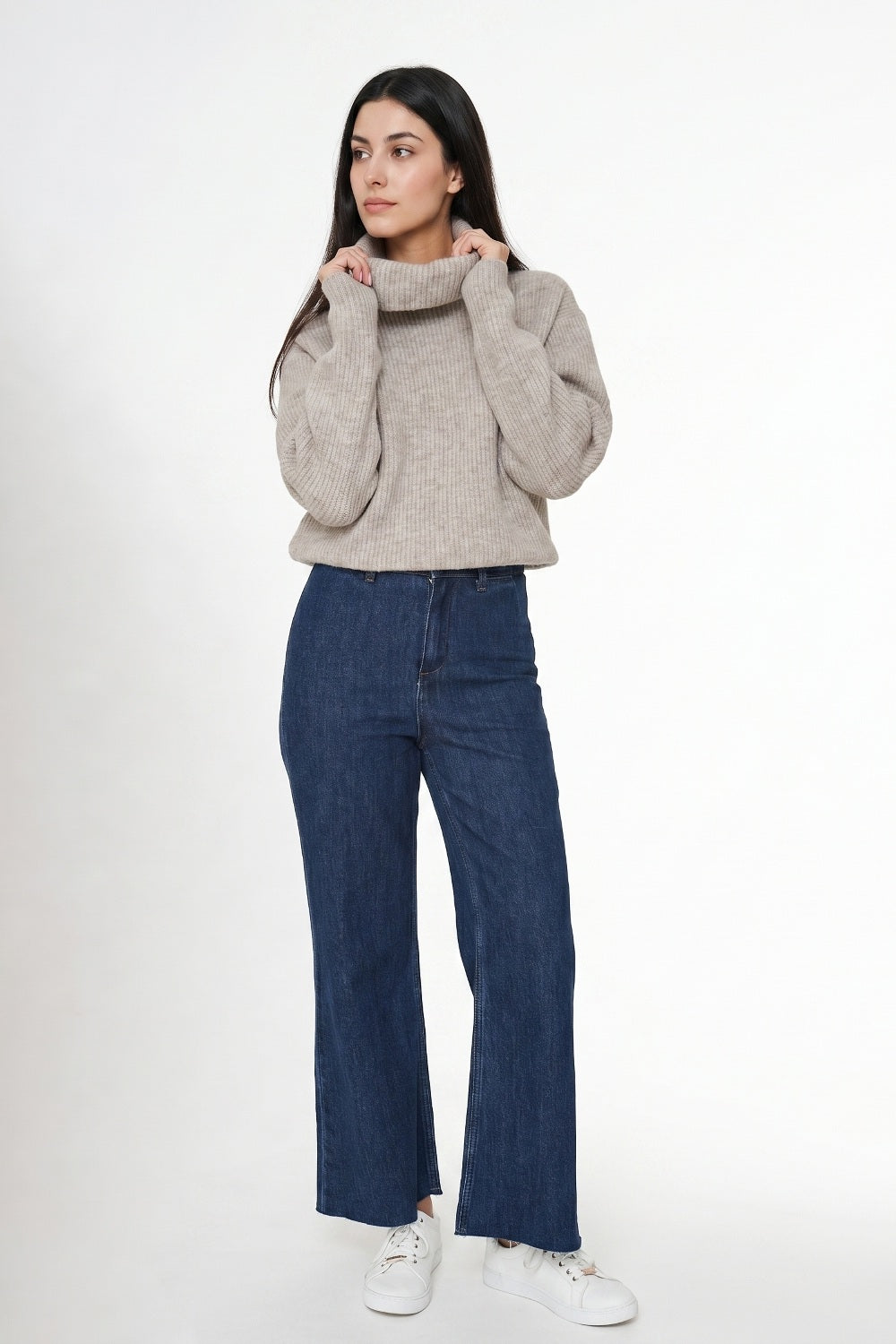 Sweater Acanalado Cuello Alto Khaki