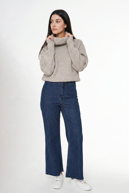 Sweater Acanalado Cuello Alto Khaki