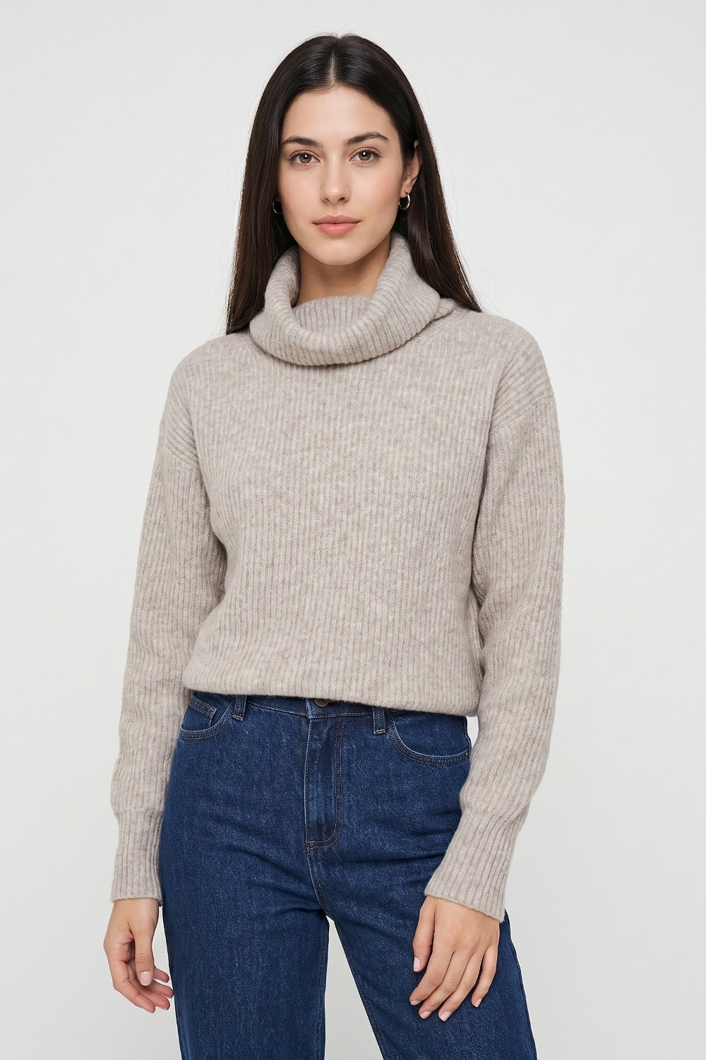 Sweater Acanalado Cuello Alto Khaki