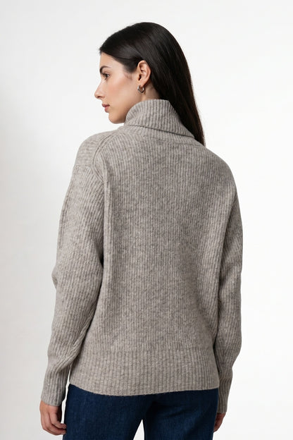 Sweater Acanalado Cuello Alto Khaki