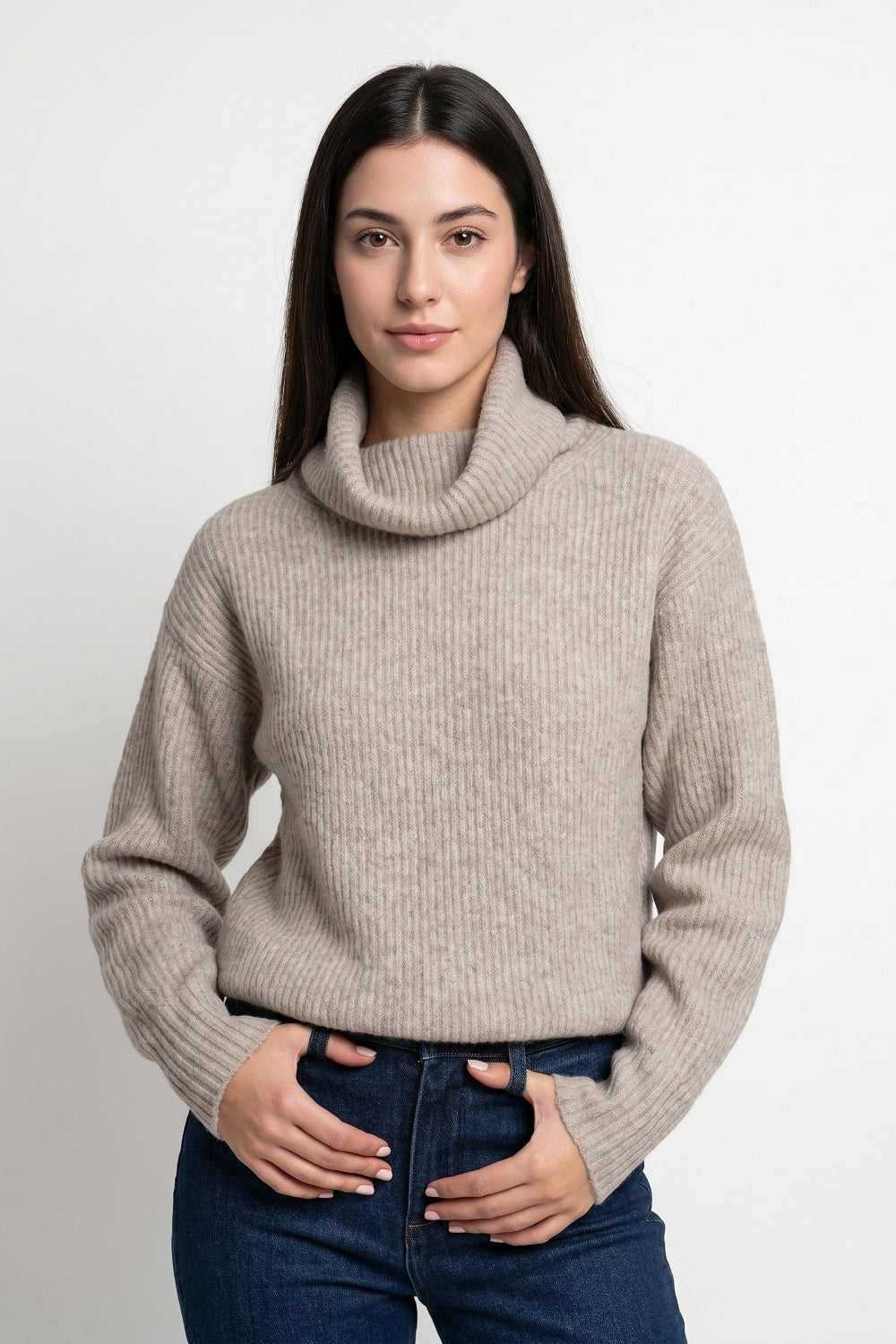 Sweater Acanalado Cuello Alto Khaki