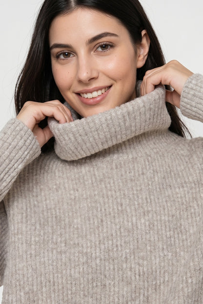 Sweater Acanalado Cuello Alto Khaki