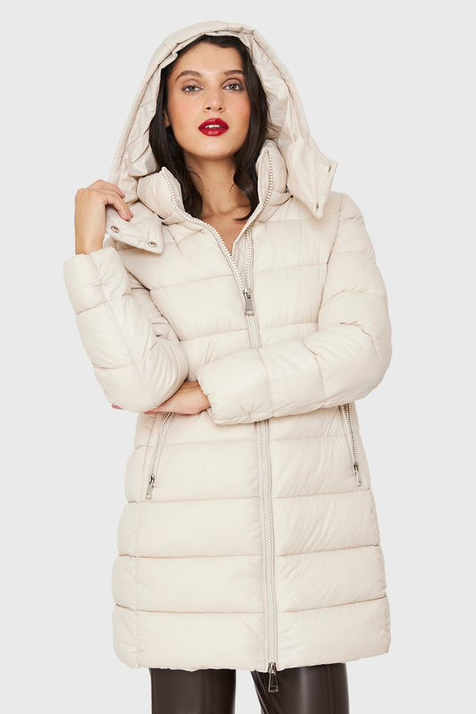 Parka Acolchada Midi Con Gorro Blanco Invierno