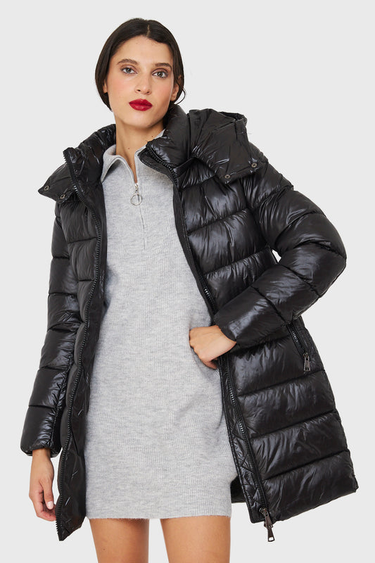 Parka Acolchada Midi Con Gorro Negro
