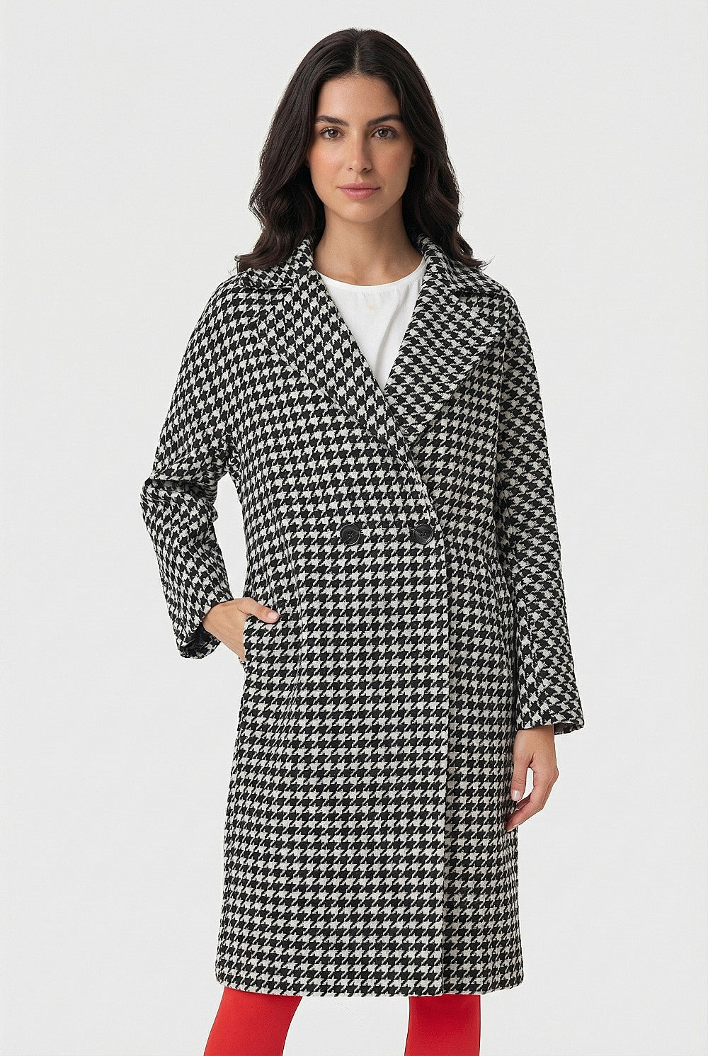 Abrigo Oversize Pied De Poule Blanco