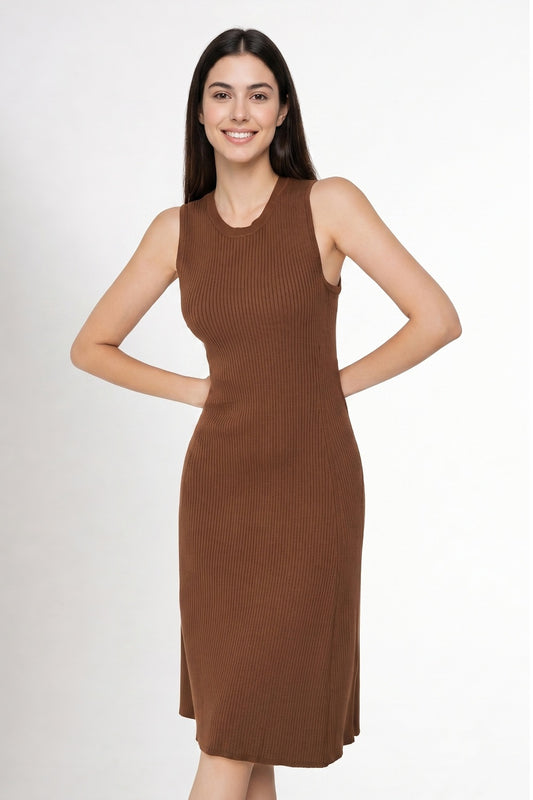 Vestido Midi Acanalado Café