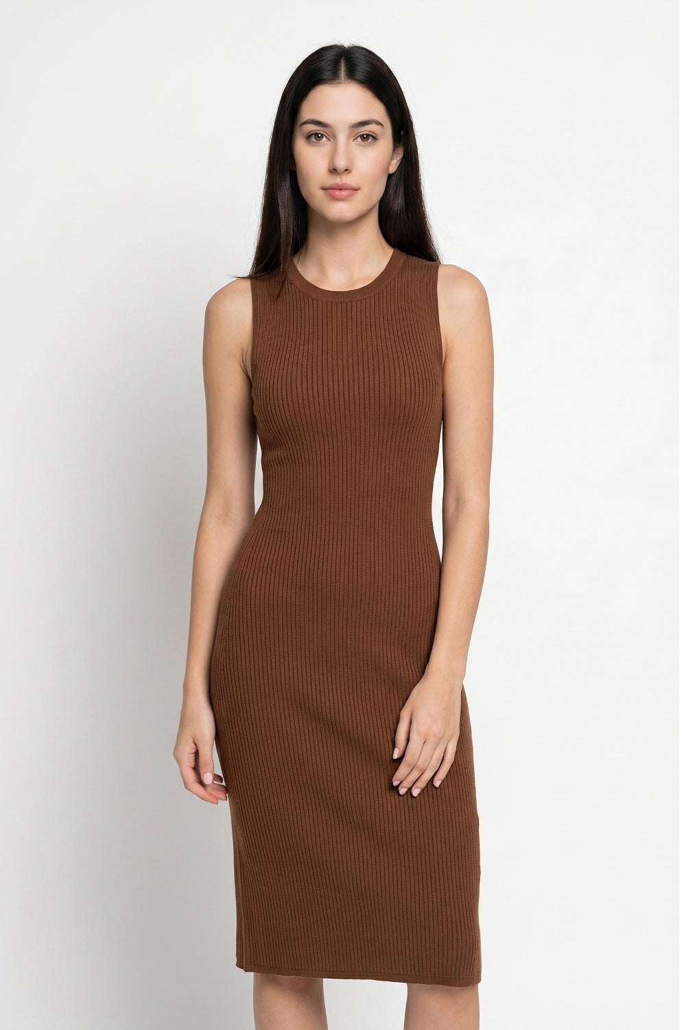 Vestido Midi Acanalado Café