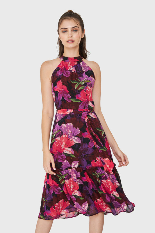 Vestido Floral Halter Fucsia