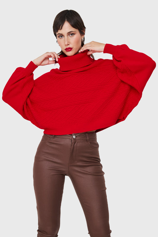 Sweater Crop Manga Murciélago Rojo