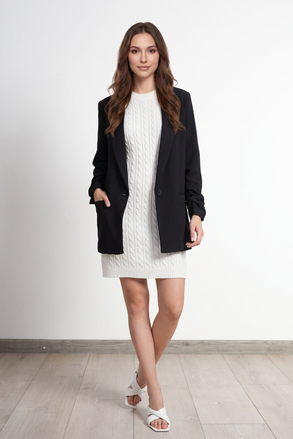 Blazer Largo Manga Drapeada Negro