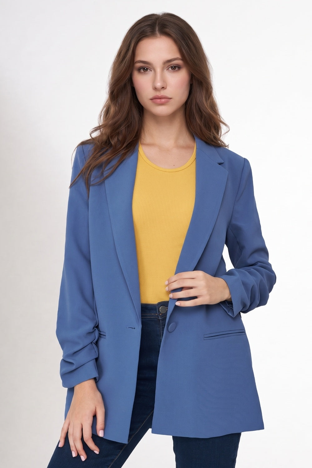 Blazer Largo Manga Drapeada Azul Medio