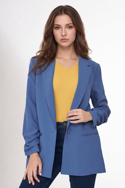 Blazer Largo Manga Drapeada Azul Medio