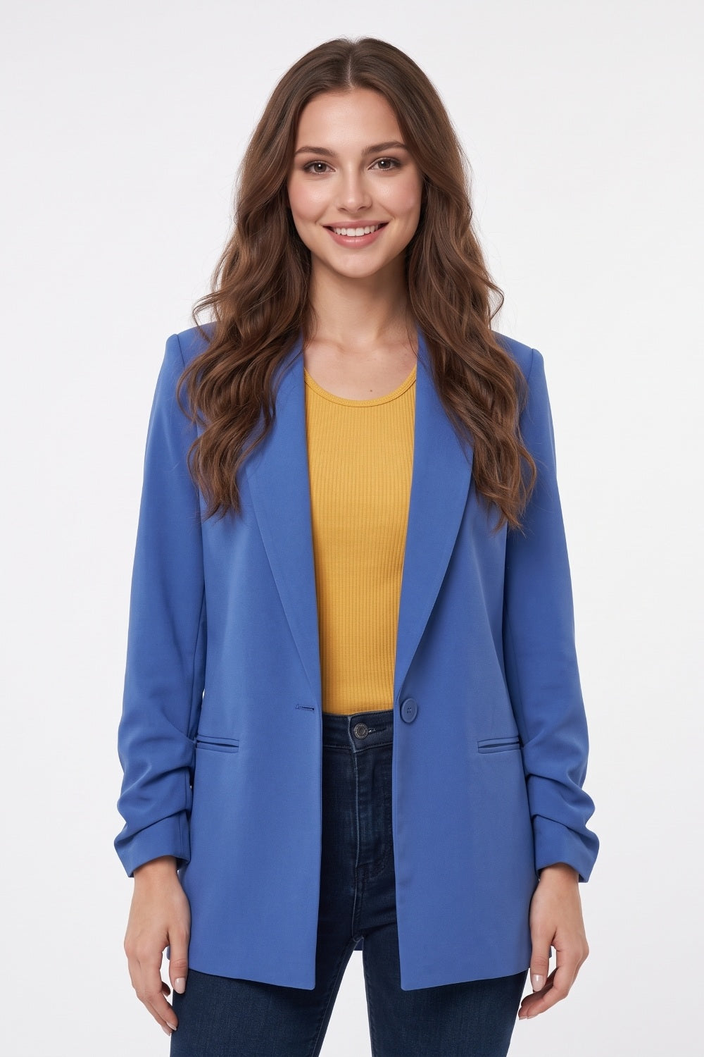 Blazer Largo Manga Drapeada Azul Medio