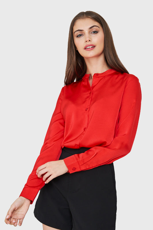 Blusa Cuello Mao Tipo Satín Rojo