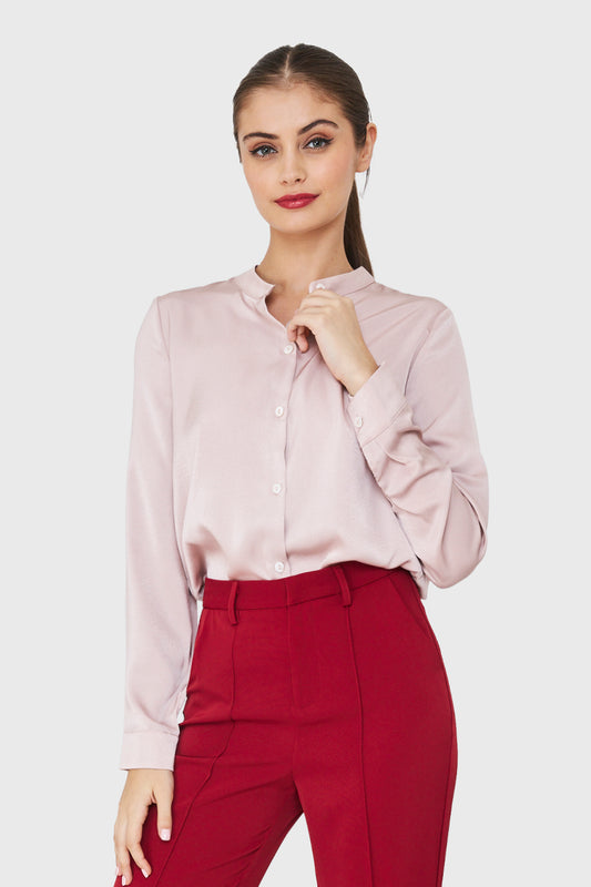 Blusa Cuello Mao Tipo Satín Palo Rosa