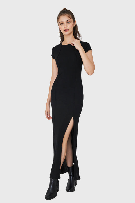 Maxi Vestido Tajo y Costuras Negro