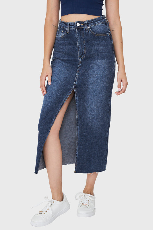 Falda Denim Tajo Frontal Azul