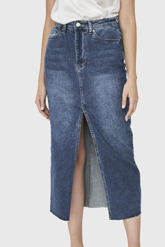 Falda Denim Tajo Frontal Azul Medio