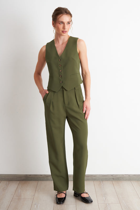 Pantalón Recto Con Pinza Oliva