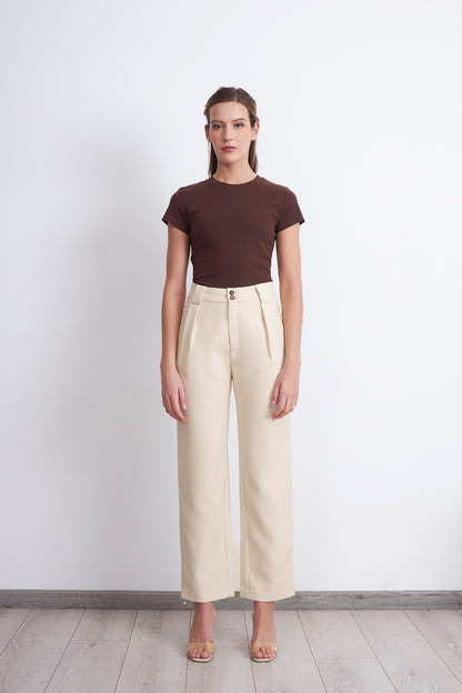 Pantalón Recto Con Pinza Beige