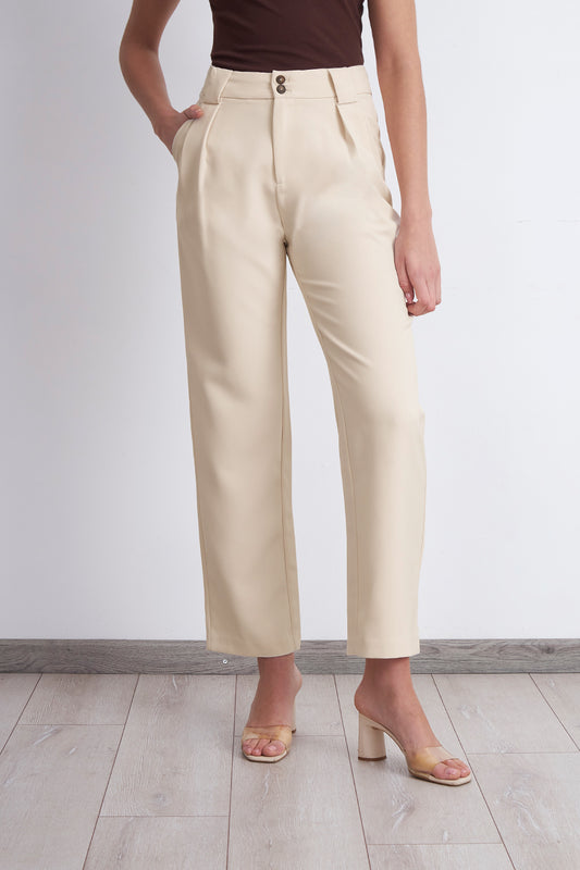 Pantalón Recto Con Pinza Beige