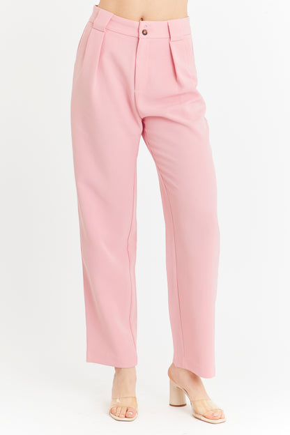 Pantalón Con Pinzas Recto Rosado