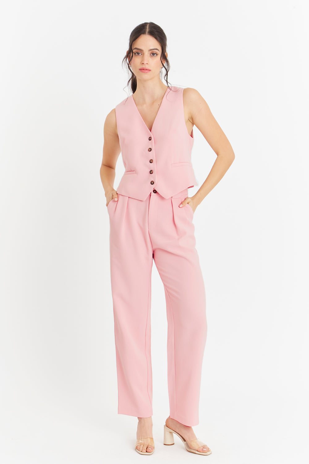 Pantalón Con Pinzas Recto Rosado