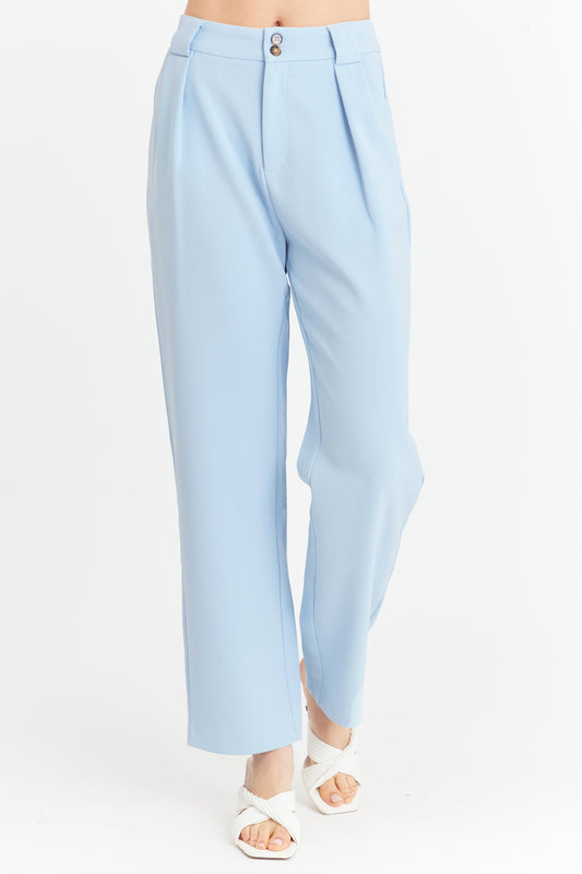 Pantalón Con Pinzas Recto Celeste