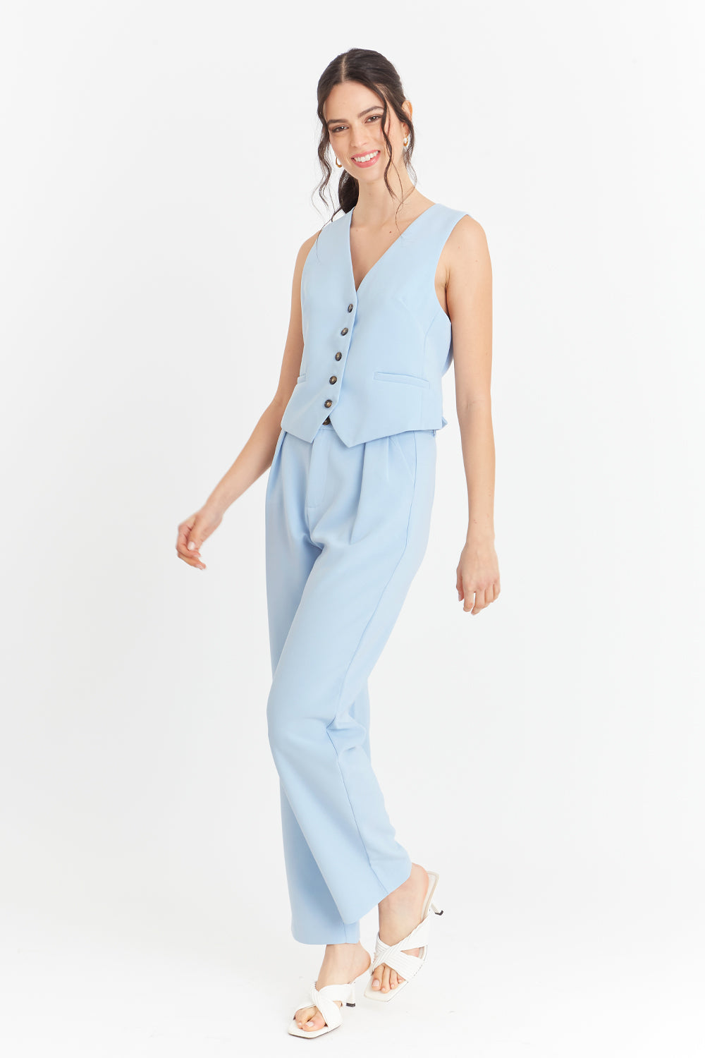 Pantalón Con Pinzas Recto Celeste