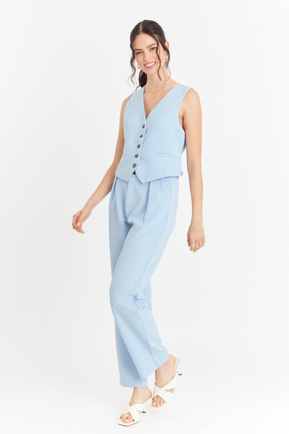 Pantalón Con Pinzas Recto Celeste