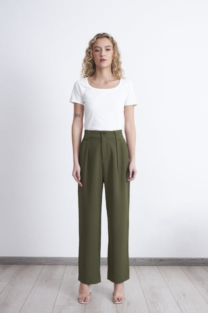 Pantalón Recto Con Pinza Oliva